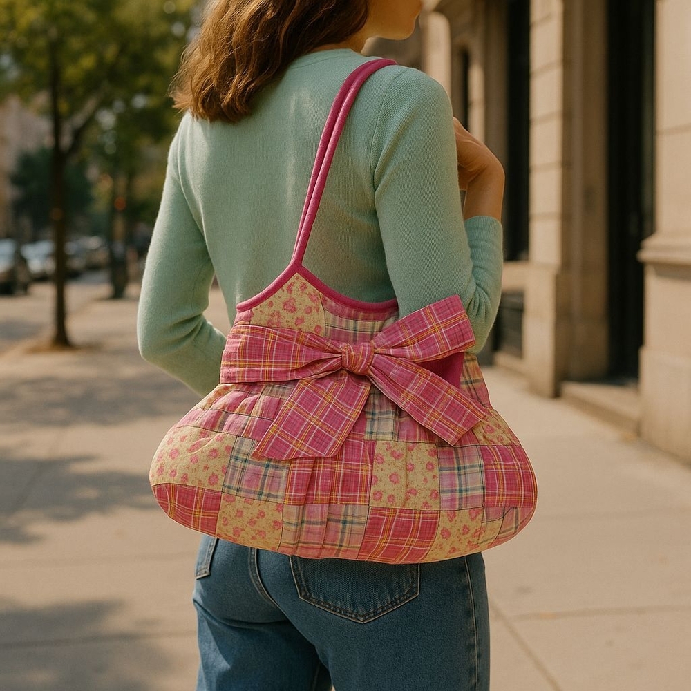Chateau Pink Multicolored Floral Plaid Patchwork Cottagecore Shoulder Bag